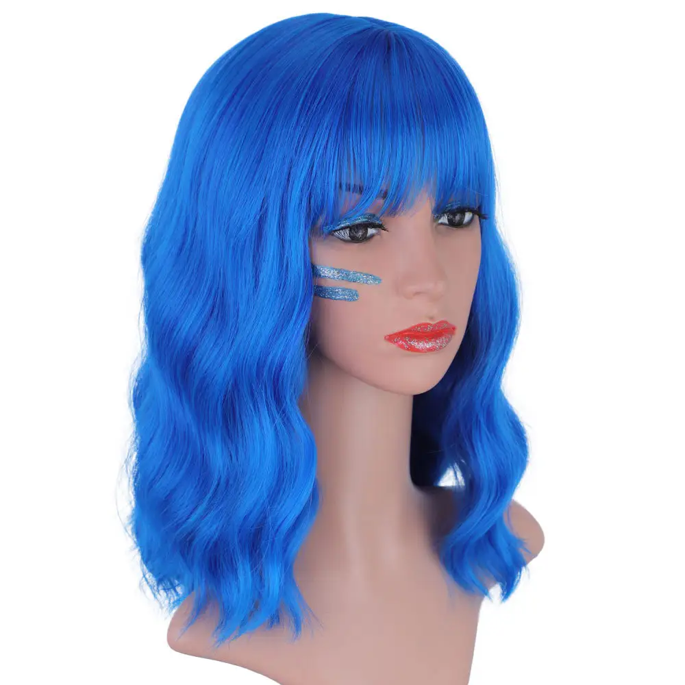 Perucas curtas azul com Bangs cabelo sintético Bob Perucas para Mulheres Perucas onduladas azuis Natural Procurando Cosplay