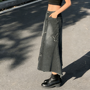 2025 Autumn Winter Y2K Distressed Vintage Casual Loose Women's Denim Skirt <b>Light</b> Eco-Friendly Waterproof Raw Hemline <b>Star</b> Waist - Product Image 3