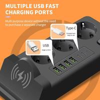 Multiprise de sécurité enfant UE avec chargeur sans fil Qi et ports USB-C à charge rapide, ignifuge, pour la maison, le dortoir et les voyages