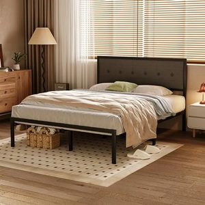 Modern Grey Queen Panel Metal Platform <strong>Bed</strong> with Fabric Tufted Headboard and 10.62" <strong>Underbed</strong> Storage - Product Image 1