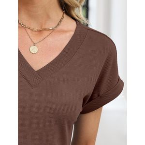 Camiseta de punto tipo gofre para mujer, manga corta, cuello en V, informal, básica, de verano, tejido suave para el trabajo y las vacaciones - Product Image 5
