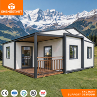 Maison préfabriquée moderne en conteneur extensible pour villa, vacances, Airbnb, assemblage rapide, hors réseau, terrasse, véranda, salon, chambre