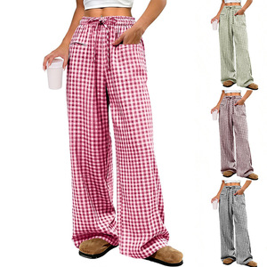 <span class=keywords><strong>Pantaloni</strong></span> Larghi a Vita Media <span class=keywords><strong>con</strong></span> Stampa Scozzese Primaverili, Casual <span class=keywords><strong>con</strong></span> <span class=keywords><strong>Elastico</strong></span> in Vita e Tasche per <span class=keywords><strong>Donna</strong></span> - Product Image 1