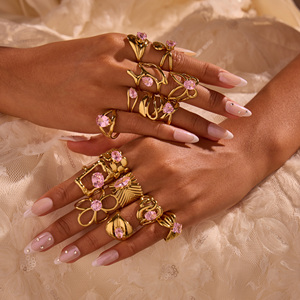 Pink Zircon <strong>Statement</strong> <strong>Rings</strong> for Wedding Geometric Gold Plated Stainless Steel Open <strong>Ring</strong> Girl Jewelry Gifts - Product Image 1