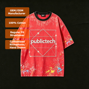 T-shirts pour hommes personnalisés de marque, style streetwear, délavés à l'acide, imprimés numériquement à la main, col rond, lettres vintage en strass - Product Image 1