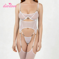 Dierlove Body en résille rouge sexy, ensemble avec bas et gants, lingerie sexy pour femme à entrejambe ouvert