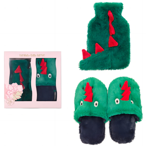 Coffret cadeau Pantoufles design dinosaure vert et bouillotte en caoutchouc avec couvercle - Product Image 3