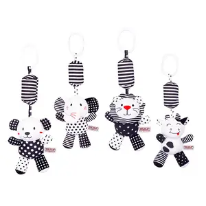 Custom Baby Toy Black And White Cartoon Animal Stuffed Knitted Bed Crib Car Travel Rattle Soft Plush Stroller Hanging Toys