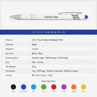 Stylo bille et stylet 2-en-1 en aluminium, encre noire et bleue 1,0 mm, logo personnalisé