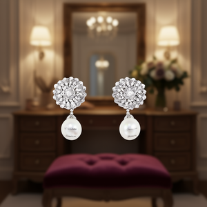 E705 Orecchini pendenti in cristallo in oro bianco con montatura a forma di fiore, gioielli da donna in stile classico per matrimonio - Product Image 2