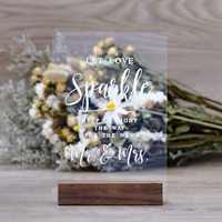 Panneau en acrylique transparent personnalisé avec support en bois - 5"x7" - Porte-panneau de table pour réceptions de mariage, événements, fêtes, cadeaux