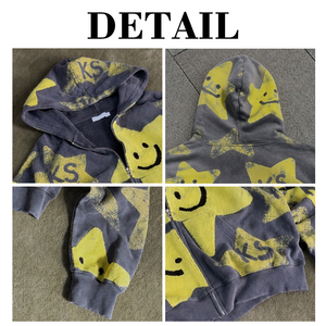 Sweat-shirt à capuche zippé pour homme, coupe oversize, style streetwear, imprimé en relief personnalisé, effet délavé vintage, style Y2K grunge, effet usé - Product Image 6