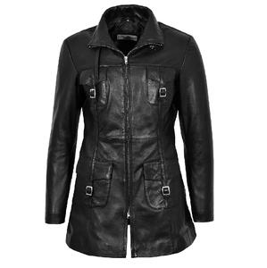 Abrigo de Mujer Personalizado 100% Cuero Nappa Negro Genuino, Corte Clásico, Acabado Premium, Marca Privada OEM/ODM, Venta al Por Mayor de Lujo - Product Image 1