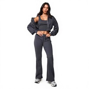 Ensemble de survêtement 2 pièces gris foncé pour femme, haut court et pantalon long, fermeture éclair, coupe ample, vêtements de sport décontractés, toutes saisons - Product Image 1