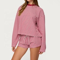 Vente en gros Nouveau design personnalisé couleur logo surdimensionné à manches longues t-shirt short 2 pièces ensemble survêtement femmes à rayures shorts survêtements