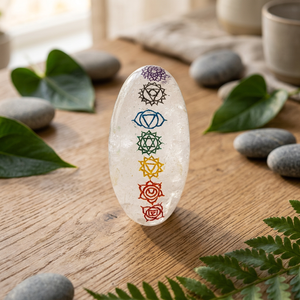 Oval <b>Crystal</b> Stone With <b>Chakra</b> Symbols Engraved For Reiki Healing Art Collectible - Product Image 3