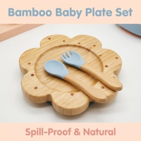Ensemble d'assiettes à ventouse en bambou naturel en forme de fleur de dessin animé, vaisselle antidérapante pour tout-petits, fourchette et cuillère en bois, écologique, vente en gros