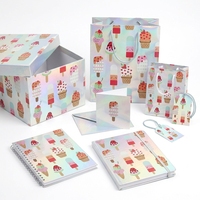 Kit de Embalaje de Regalo para Helados con Diseño de Dibujos Animados Iridiscentes, Bolsa de Papel Láser Arcoíris, Caja, Tarjeta de Notas y Etiquetas Colgantes