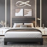 Cadre de lit pleine grandeur lit à plateforme avec tête de lit rembourrée en tissu de lin et lattes en bois Support de matelas robuste