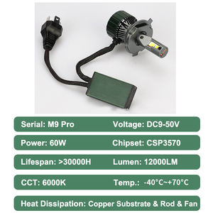 Ampoules de phares LED pour voiture M8 <span class=keywords><strong>Pro</strong></span> Version Améliorée M9 <span class=keywords><strong>Pro</strong></span> H1 H3 H7 H11 H4 9005 9006 9012 880 881 DC9-50V 60Watts 6000K Blanc 2-Pack - Product Image 4