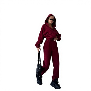 Custom Women's Burgundy Tracksuit Set Zip <b>Jacket</b> Jogger Pants Matching Two Piece Sportswear Casual Streetwear Wholesale Apparel - Product Image 1