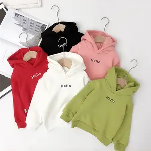 06 Hoodie Polos Bayi Laki-laki Perempuan, Hoodie Anak-anak Polos Hello Huruf Bertudung, Atasan Kustom Kasual Anak-anak