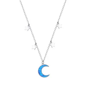 925 Sterling White Gold Custom Opal Moon Pendant Silver Chocker Necklace