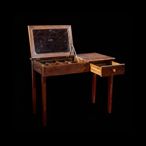 Mesa de tocador plegable de madera de roble macizo moderna de mediados de siglo con espejo y cajones de almacenamiento acabado en nogal, para uso en dormitorio o Hotel - Product Image 1