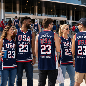 USA <b>Basketball</b> Fan Jersey Custom Team Name Number Printed Breathable V-neck Short Sleeve Mesh Sports Apparel Game Day Men Women - Product Image 1