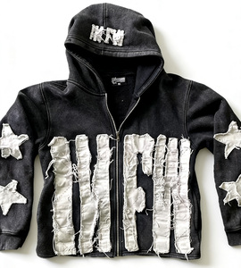 Sweat à capuche zippé en coton délavé <span class=keywords><strong>vintage</strong></span> pour <span class=keywords><strong>homme</strong></span>, avec patchwork étoiles et lettres vieillis, style streetwear, personnalisable - Product Image 3