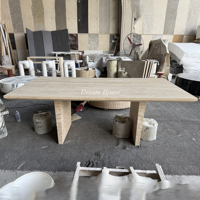 Table à manger en travertin beige Dream Home, table rectangulaire en marbre à coins arrondis, plateau en pierre massif, pieds en pierre pour maison moderne