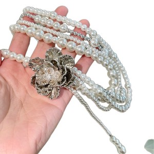 Collier chaîne superposé vintage en argent avec fleurs et perles d'imitation, bijoux de mode pour femme - Product Image 3