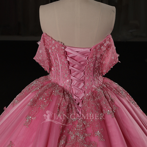 ชุดราตรีงาน Quinceanera สีชมพูสดใส รุ่น Lsdz122 ผ้าชีฟองทรงบอลกาวน์ คอรูปหัวใจ ประดับเลื่อมหนัก ลูกปัด และลายดอกไม้  ด้านหลังแบบคอร์เซ็ท - Product Image 5