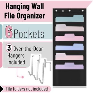 Hanging Wall File Organizer 6 Pocket Black Over Door Storage With 3 Stainless Steel Hangers For Office Home Use - Product Image 3