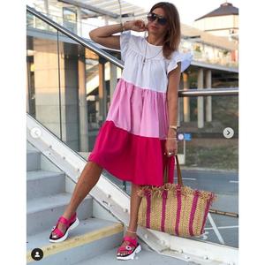 Casual Dress Women Three Color Patchwork <b>Elastic</b> Waist O Neck Full <b>Skirt</b> Leisure Style Contrast Color Print Dress - Product Image 3