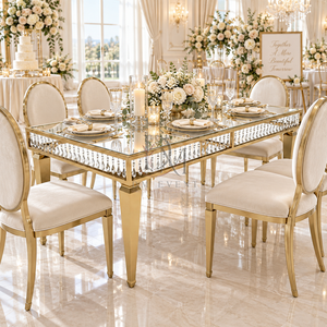 Mesa de Comedor de Lujo de Acero Inoxidable Dorado con Cubierta de Cristal Espejo y Detalles de Cristal, Cuatro Patas Cónicas, Proveedor Mayorista para Banquetes de Boda - Product Image 3