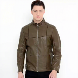 <b>Mens</b> Real <b>Brown</b> <b>Leather</b> <b>Jacket</b> Stand Collar Grid Seam Zip Pockets Sheepskin Olive Biker Coat Custom Casual Winter Outerwear - Product Image 1