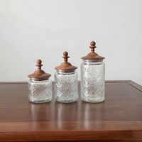 Pot en verre gaufré vintage transparent avec motif fleurs Crabapple, récipient décoratif avec couvercle en bois de noyer scellé en silicone
