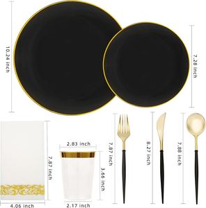 <span class=keywords><strong>Vaisselle</strong></span> <span class=keywords><strong>jetable</strong></span> en plastique de luxe en gros, noir et or, pour mariage, fête, camping, dîners, barbecues de Noël, kits - Product Image 3