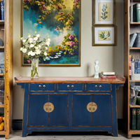 Armoire en bois multifonctionnelle de style chinois antique, design Porte du Gardien vieilli, cadre bleu, laiton, pour salon