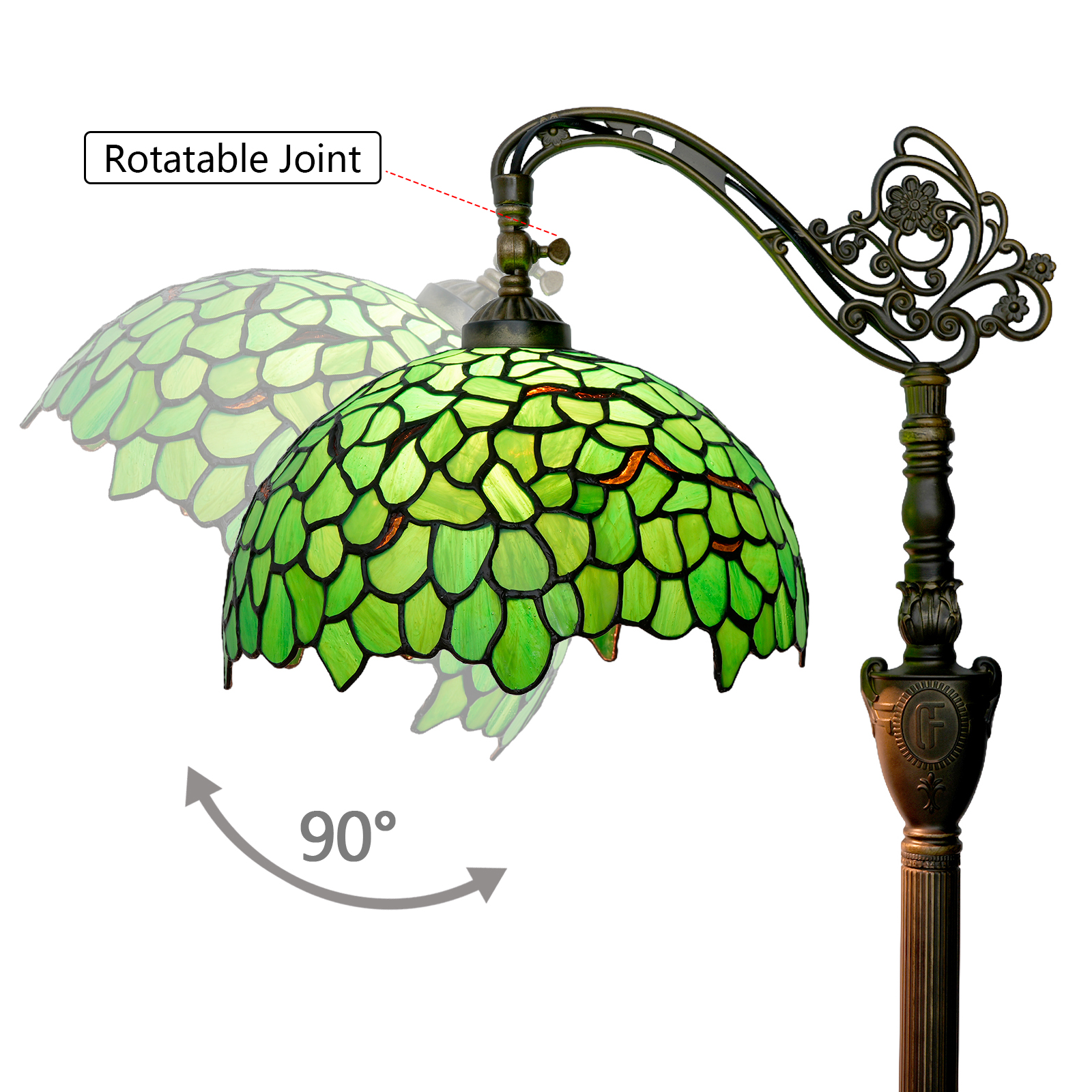ODIFF Tiffany Floor Lamp 63 Inches Tall Wisteria Style Stained Glass Arched Gooseneck Adjustable Rea