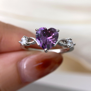 Purple Colorful Fancy Heart Baggette Luster 5A CZ Rhodium Plated 925 <strong>Sterling</strong> <strong>Silver</strong> <strong>Ring</strong> <strong>Set</strong> Fine Jewelry for Girl Party Gift - Product Image 3