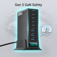 Chargeur GaN 380W, station de charge tout-en-un 8 ports, 5C3A, écran, charge rapide 100W, 4 couleurs, pour le bureau et les voyages