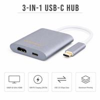 Adaptateur Hub 3-en-1 en Aluminium pour Ordinateur Portable et MacBook, Convertisseur Multiport HDMI USB-C vers 1080P avec Charge PD 60W et Vidéo