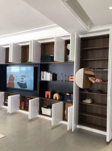 Meuble TV mural moderne blanc et noir avec étagères ouvertes, zone de rangement latérale pour chaussures, haut et <span class=keywords><strong>bas</strong></span> - Product Image 2