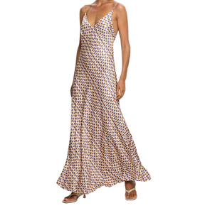 Vestido Maxi con Estampado Geométrico y Cuello en V, Tirantes Finos, Casual, Veraniego, Tejido Transpirable, con Dobladillo Acampanado, Sin Mangas - Product Image 1