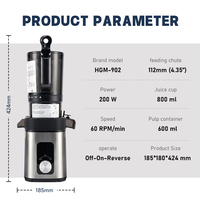 Extracteur de jus lent HGM 112 mm avec large tube d'alimentation, extracteur de fruits mous, fonction inversée électrique, usage domestique et hôtelier, 800 ml
