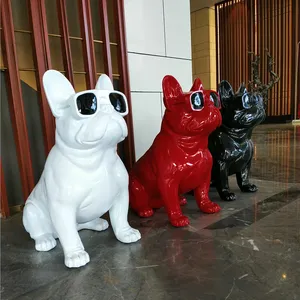 Black red white ceramic dog custom polyresin pet dog resin display decorative dog with glasses