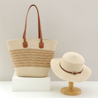 En Gros Chapeau de Paille à Calotte Plate, Sac Fourre-Tout Grande Capacité pour Femme Tendance, Sac de Plage et Ensemble Chapeaux de Paille pour Vacances en Bord de Mer