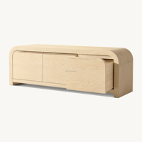 Meuble TV Console Multimédia en Chêne Massif Séché au Four, Meuble de Salon 3 Portes à Profil Courbé, Style Japandi Moderne